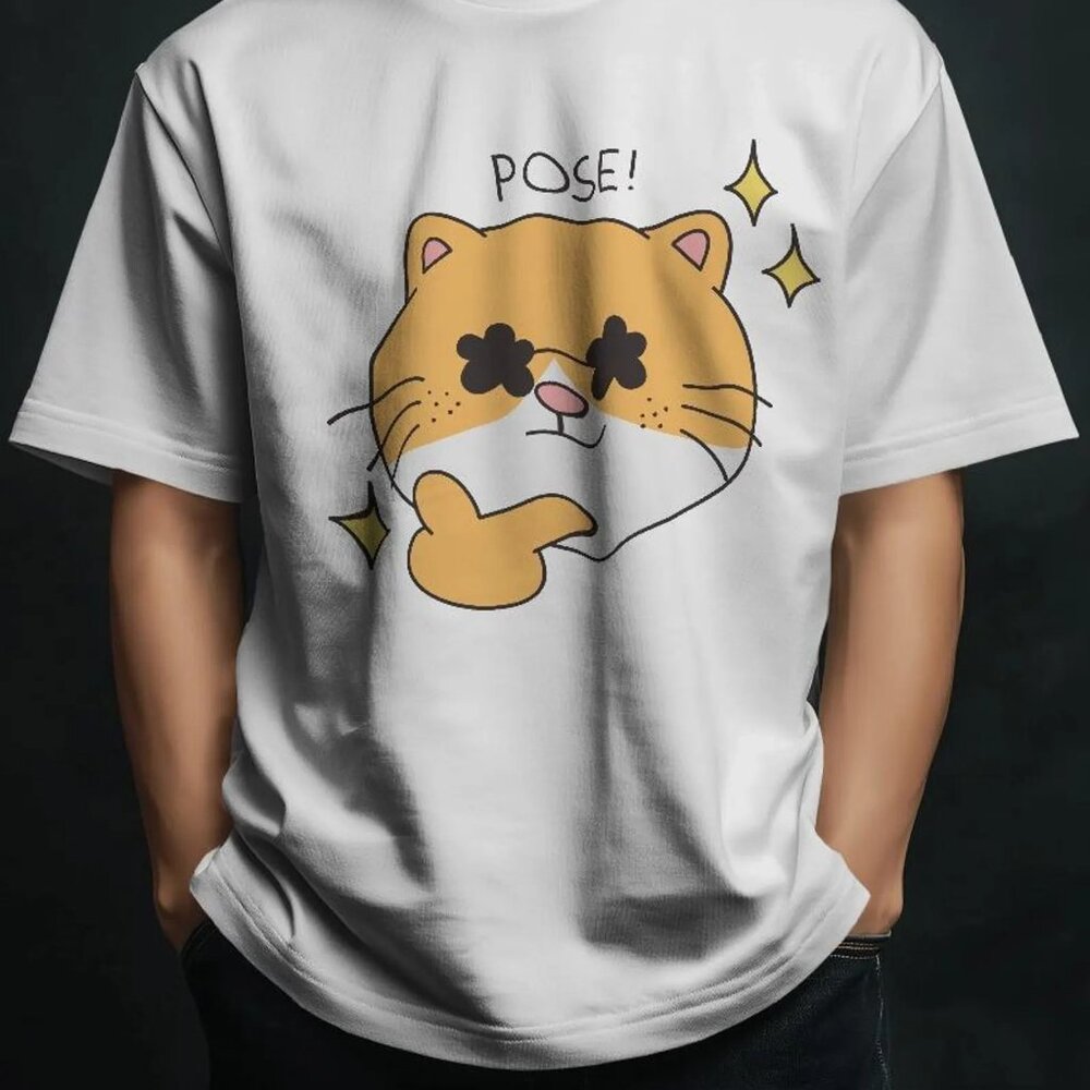 Pose Cat Graphic Green Tee, NEW